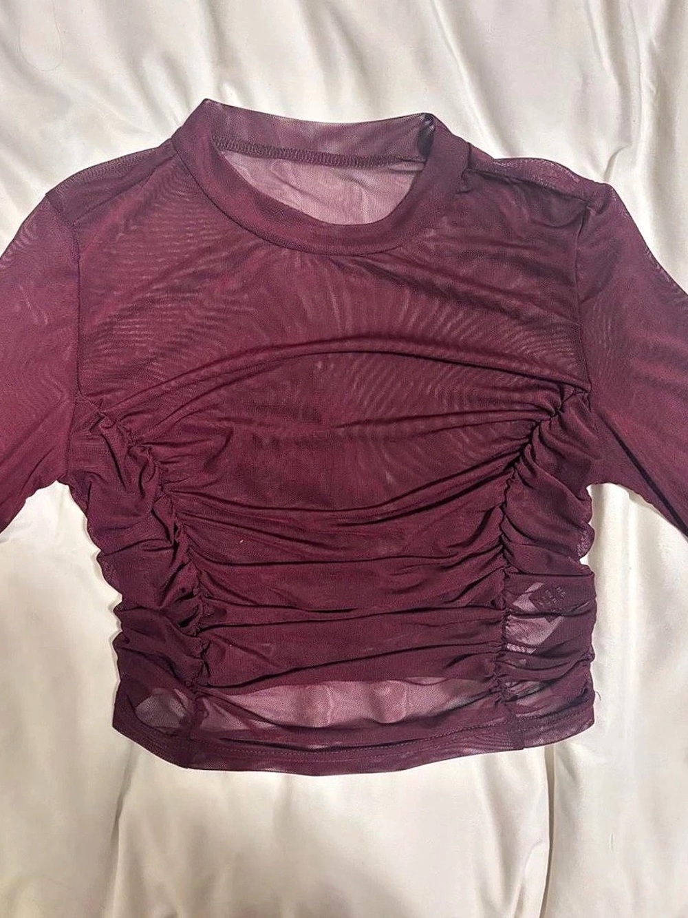 SHEIN EZwear Sheer Mesh Ruched Mock Neck Crop Top Purple Size M